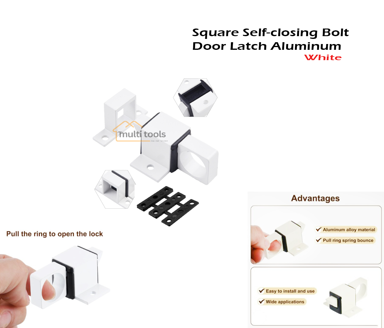 Square Self-Closing Bolt Door Latch Aluminum White